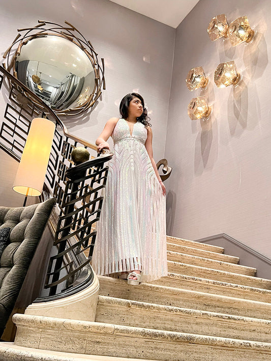 Sleeveless V Neck Sparkly Rainbow Sequin Long Dress