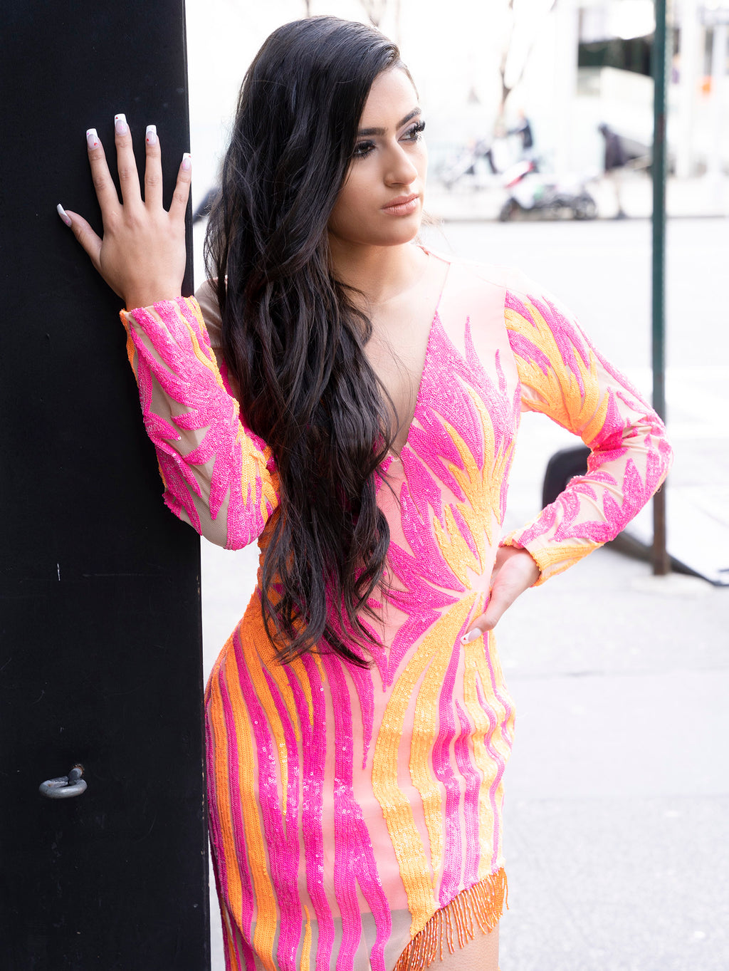 Ydamys Simos Youth Long Sleeves Pink Sequin dress