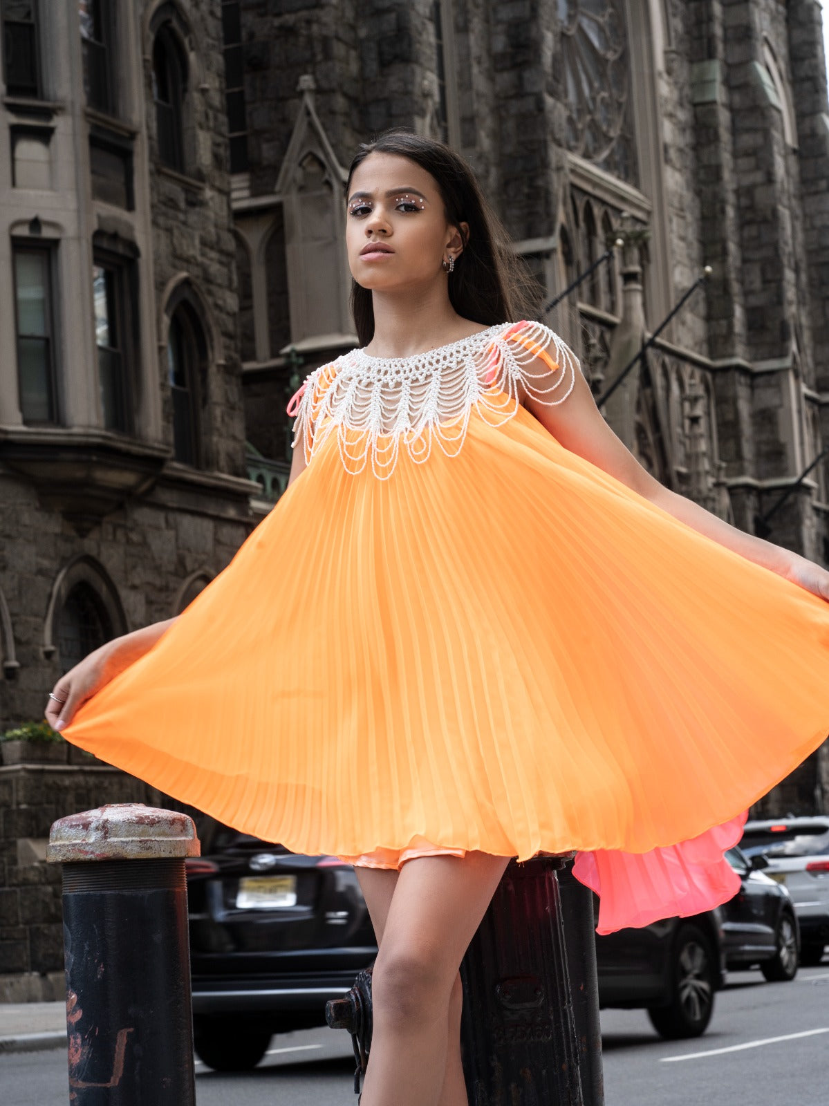 Orange/Pink Pleated Minidress