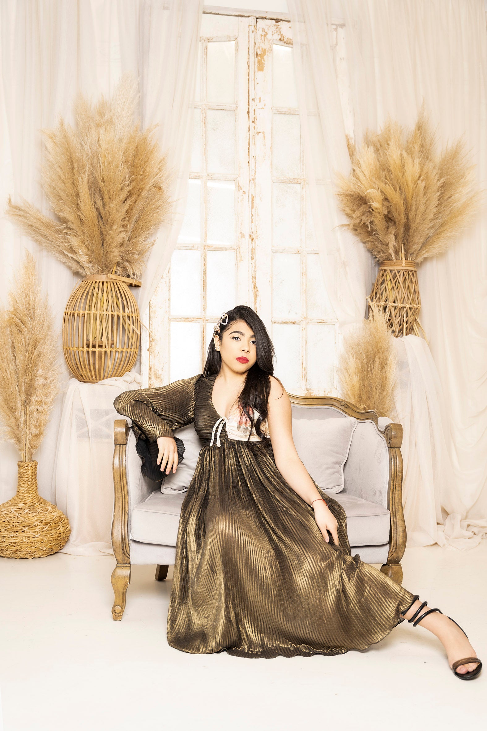 Long Sleeve One Shoulder Pleated Midi Dress